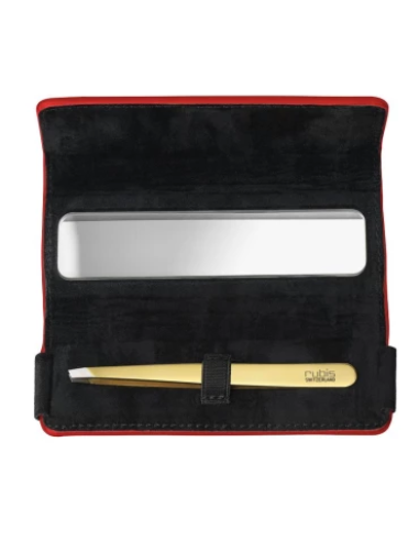 Etui en cuir rouge avec miroir et pince à épiler classique