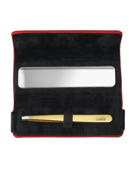 Etui en cuir rouge avec miroir et pince à épiler classique