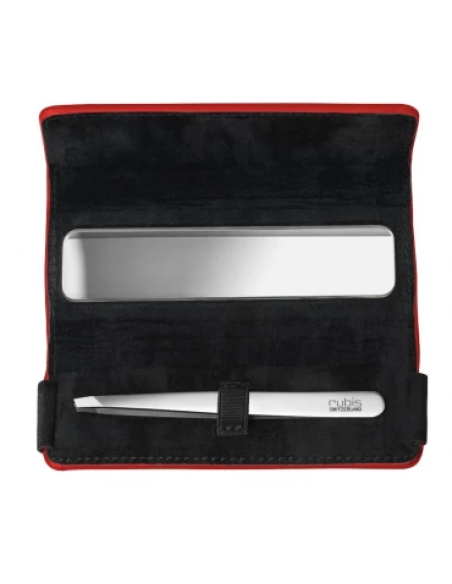 Etui en cuir rouge avec miroir et pince à épiler classique